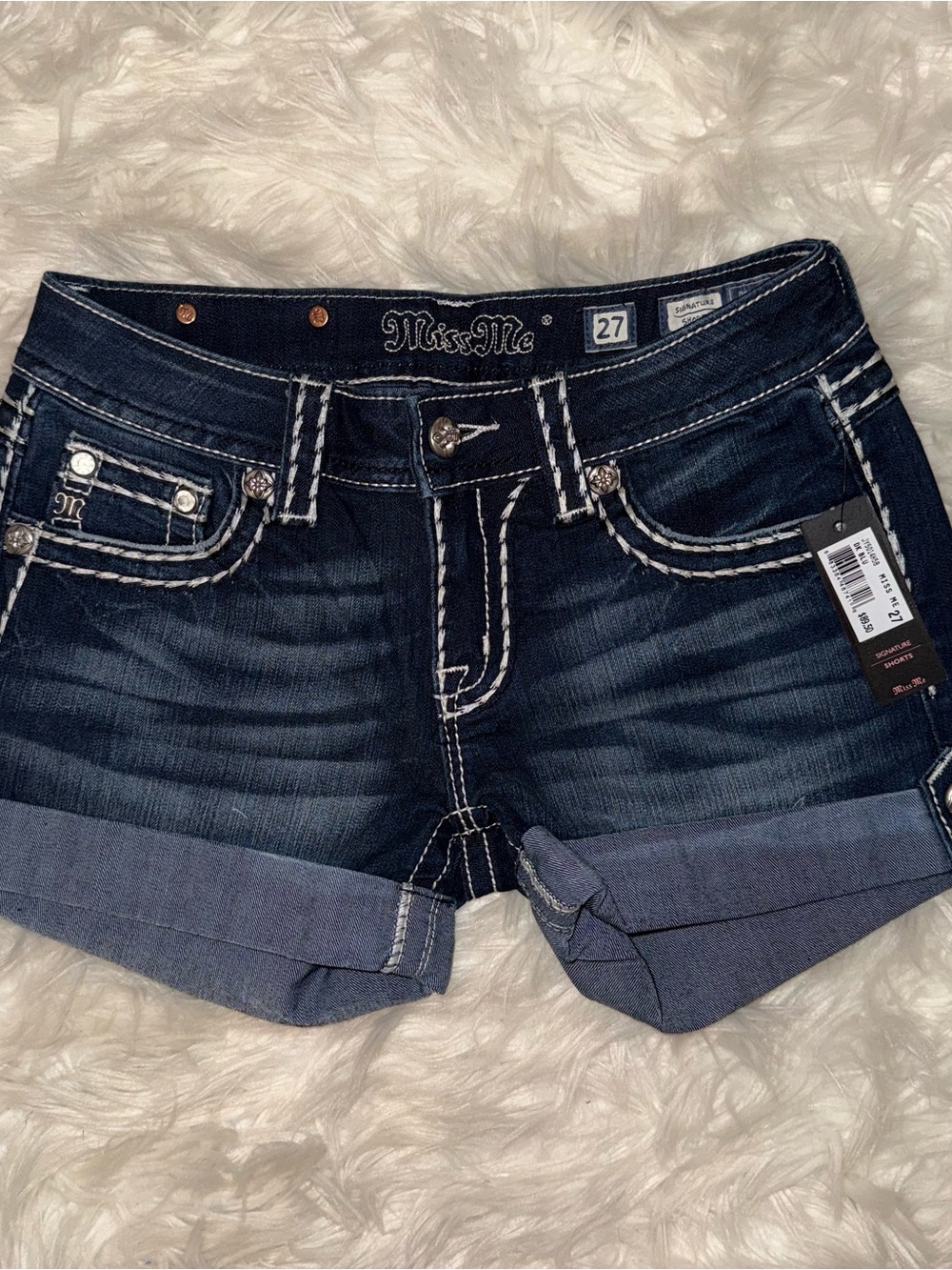 Miss Me Dark Blue Rolled Cuff Denim Shorts with White Stitching